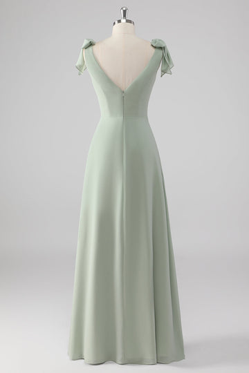 V Neck A Line Bow Tie Sage Green Bridesmaid Dress with Slit